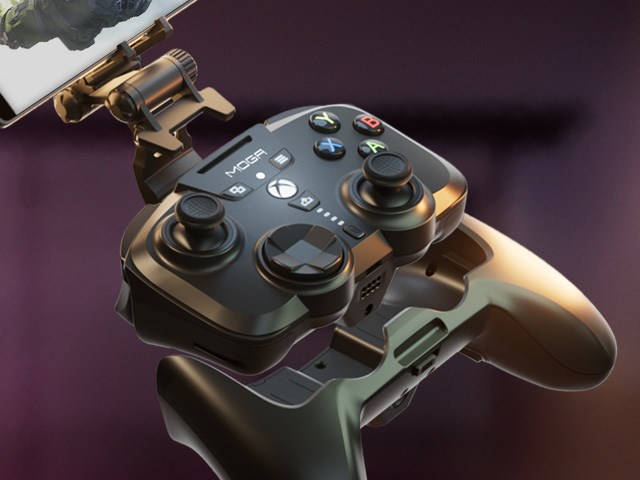 MOGA XP-ULTRA Multi-Platform Wireless Controller for Mobile, PC and Xbox Series X|S with a phone clipped in on a futuristic background