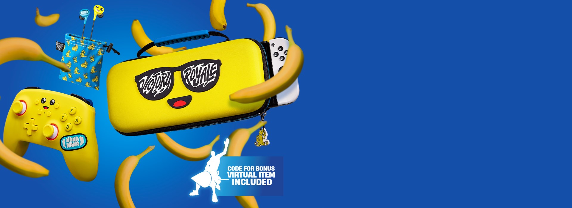 Bananas falling all around Peely cases, earbuds and controllers